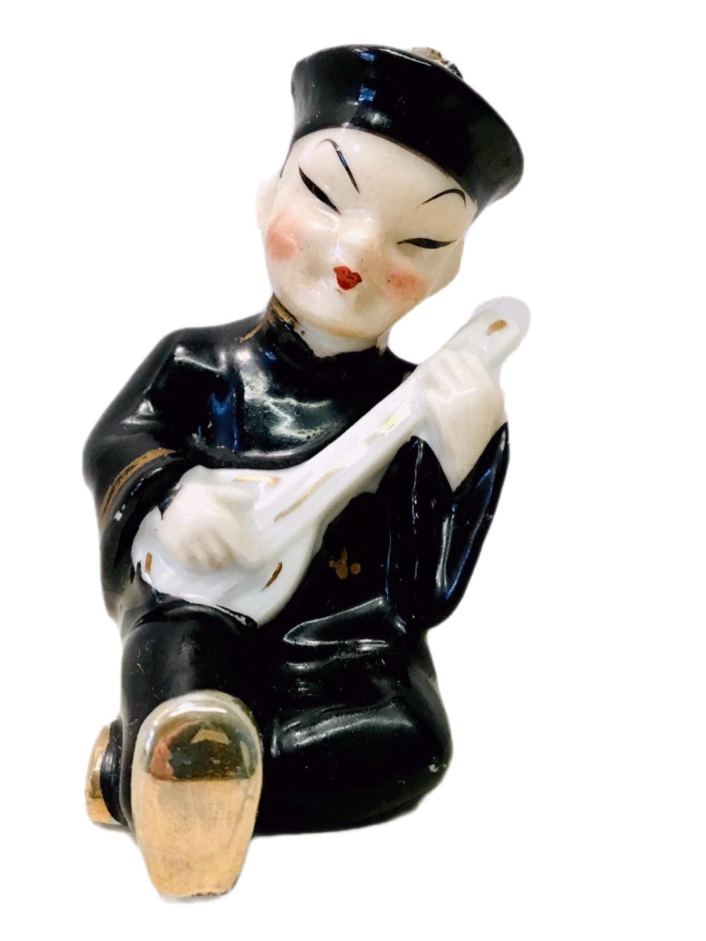 Vintage 1950’s Asian Boy Sitting Playing Musical Instrument Ceramic Figurine